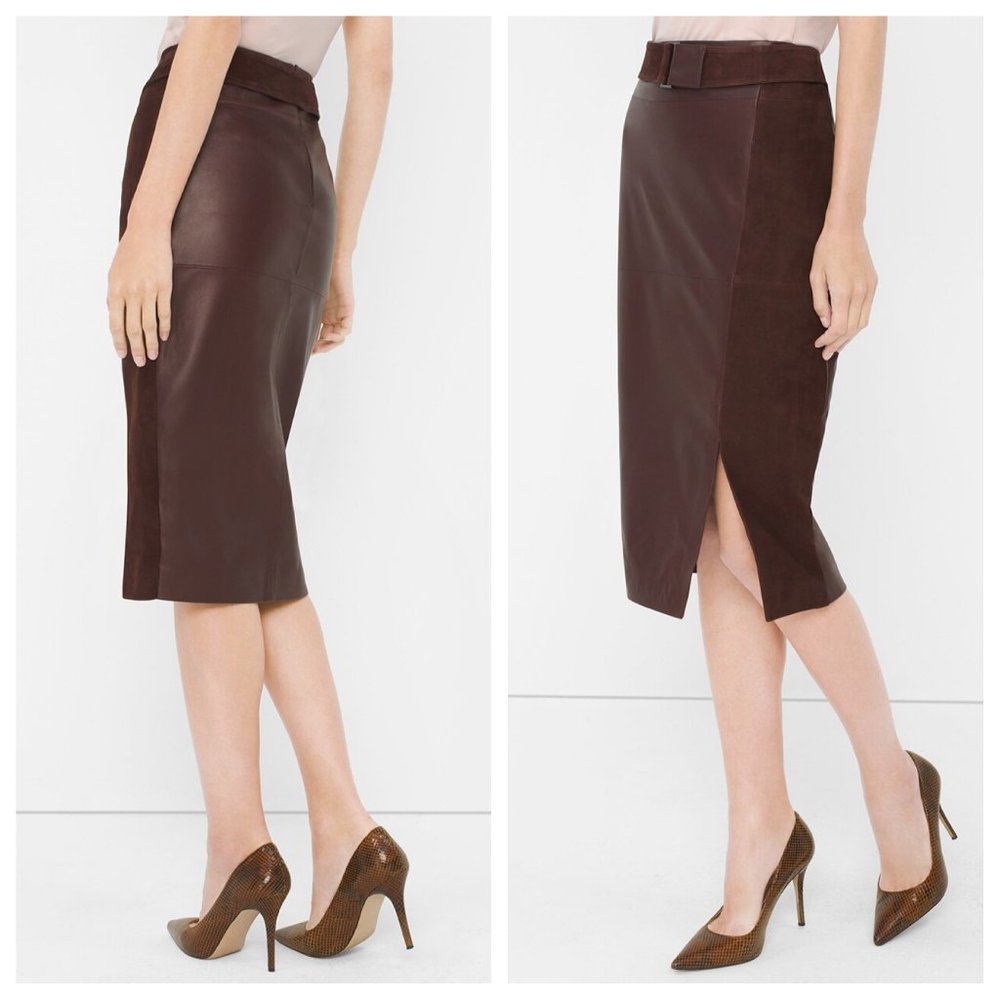 WHBM Leather Suede Pencil Skirt Wine Belted Skirt 00